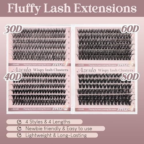 Azenlo Wispy Lash Clusters - 4 Styles 10-16mm DIY Eyelash Extensions, Natural Look Lightweight, Beginner Friendly Reusable 456pcs Individual Lashes for Everyday & Party Use thumbnail 2