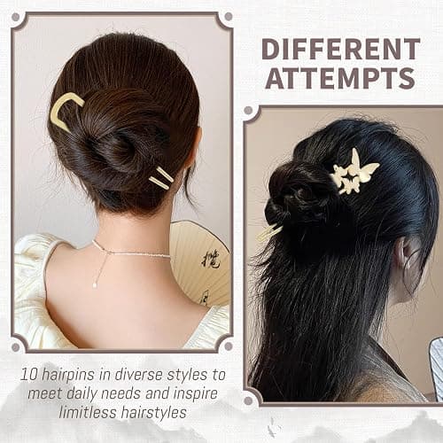 Lawie 10 Pack Cute Flower Butterfly U Shaped Gold Metal Hair Fork Pins Curved Chopsticks for Hair Sticks with Dangles French Hair Pins Bun Holder Decorative Hair Accessories for Women Girls thumbnail 4
