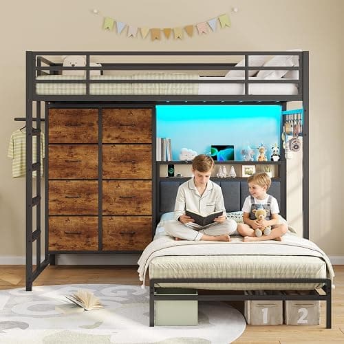 DICTAC Twin Over Twin Bunk Bed with 8 Storage Drawers and Led Lights Metal Bunk Beds with Storage Headboard and Charging Station,L-Shaped bunk Bed for Kids/Teen with Safety Guardrail and Ladder,Black thumbnail 3