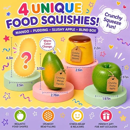 4PC Crunchy Squishy Pack,Sensory Stress Relief Squeeze Squishy Fidget Toys | Crunchy Mango, Pudding & Slushy Apple Squishy Toys with Mystery Squishy Box, ASMR Fidget Set for Adults, Party & Office Desk thumbnail 2