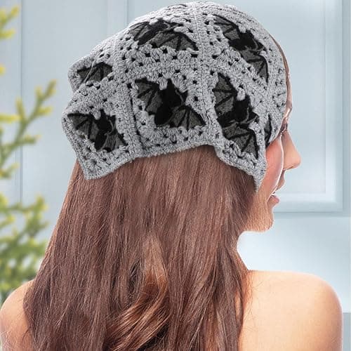 BQSAZHYJ Gothic Crochet Headbands Bat Pattern Bandana for Women, Cotton Knit Triangle Headband Greyscale Halloween Style Head Scarf Christmas Vintage Crochet Hair Styling Decor thumbnail 6