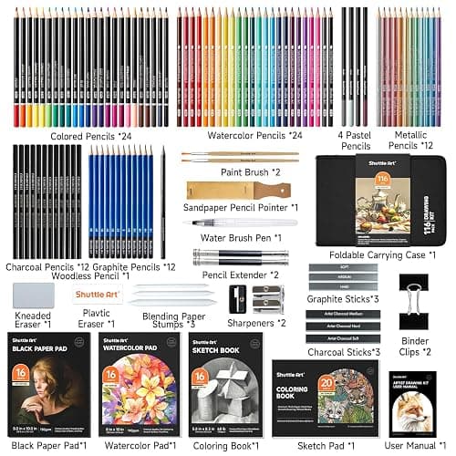 Shuttle Art 116 PCS Drawing Kit, Professional Drawing Supplies with Sketch, Charcoal, Colored, Graphite, Pastel Pencils & Sticks, Complete Drawing Tools and Paper Pads in Zipper Case for Artists&Kids thumbnail 3