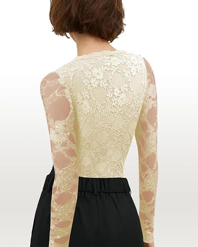 SAUNGKUAI Women's V Neck Lace Bodysuit Long Sleeve Bodysuits Double Lined Going Out Tops Y2K Trendy Thong Outfits thumbnail 5