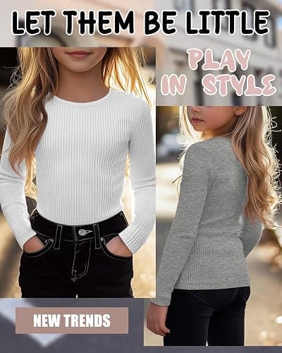 LessonZoo 4 Pack Girls Long Sleeve Shirts Ribbed Knit Cotton Crewneck Tops Slim Fit Soft Casual Kids Base Layer Undershirts thumbnail 5