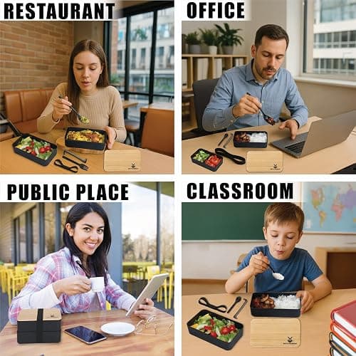Bento Box Adult Lunch Box Set with Compartments – Stackable Dual-Layer Lunch Containers for Men & Women, Lightweight & Durable, Black Base & Wood Grain Lid, for Work, School, Travel, Meal & Prep thumbnail 6
