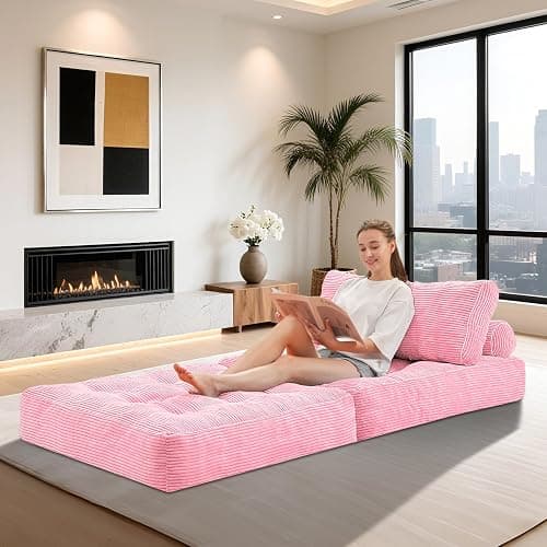 HABUTWAY Folding Sofa Bed, Convertible Sleeper Chair Bed w/Dual-Pillow & Handle, Foldable Floor Sofa Lounge w/Back Support for Living Room, Bedroom, Apartment, Office, Single, Pink thumbnail 4
