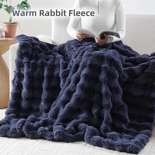 Smoofy Faux Fur Throw Blanket for Couch – Navy Blue Fluffy Cozy Rabbit Fleece, Plush Soft Bubble Blanket for Sofa & Bed, for Mom, Warm Fuzzy Home Room Decor Throw 60" x 80" thumbnail 6