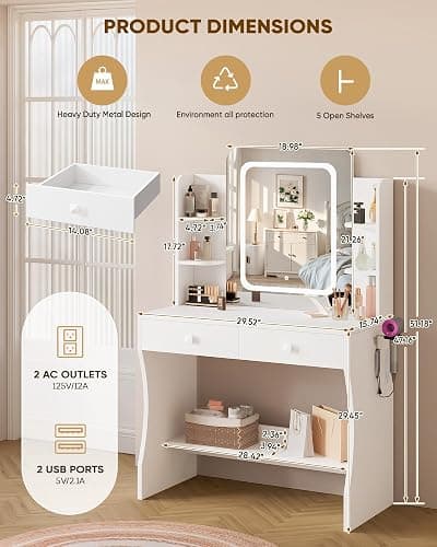 LIVELYGLOW Small Makeup Vanity Desk with Smart LED Mirror & Power Outlet, 29.5" White Vanity Table with Hairdryer Rack, 5 Storage Shelves & 2 Drawers, Compact Dressing Table for Small Spaces thumbnail 4
