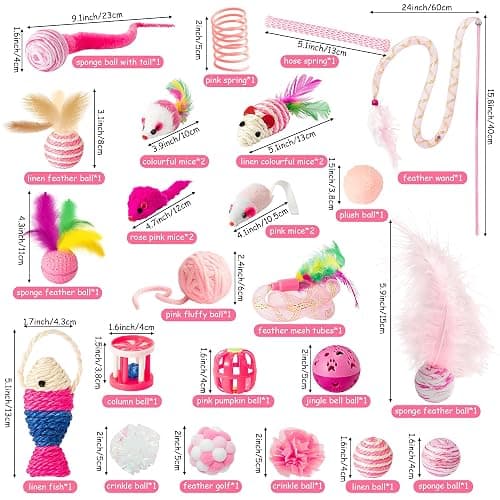 MALLMALL6 Cat Interactive Toys Set - 27Pcs Kitten Toys Stuff Pink Feather Teaser Wand Springs Mice Sisal Fish Crinkle Balls Bell Balls, Puzzle Gift Pack for Indoor Kitty Play Exercise thumbnail 5