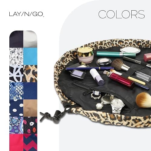 Lay-n-Go Cosmo Layflat Drawstring Cosmetic & Makeup Bag Organizer w/Zipper Pocket, Brush Loops & More, Cinch to Close, Lay Flat to Use, Durable, Machine Wash, Travel Toiletry Bag (20", Leopard) thumbnail 9