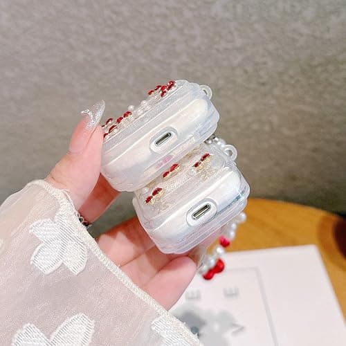 JANDM 3D Cherry Case with Keychain for AirPods 4, Clear Diamonds Aesthetic Shockproof Cover with Cute Pearl Strap for Women Girls Protective Cover thumbnail 9