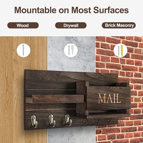 Lwenki Mail Organizer for Wall Mount – Key Holder with Shelf Includes Letter Holder and Hooks for Hallway Farmhouse Decor – Rustic Wood with Flush Mounting Hardware (16.5” x 9.1” x 3.4”) (Brown) thumbnail 8