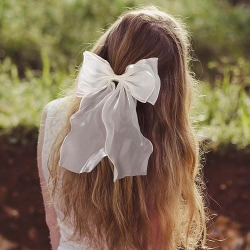 STSTR 2Pcs Large Hair Bow Clips, Blue White Silk Yarn Ribbon Bow Hair Barrette for Women, Elegant Long Tail Bowknot French Hairstyles Accessories for Wedding, Parties, Festivals thumbnail 5