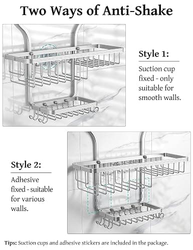 YASONIC Shower Caddy Hanging - Never Rust Shower Organizer - Aluminum Over The Shower Head Caddy with 10 Hooks for Razor/Sponge - Shower Rack with Soap Basket - Silver - Silver thumbnail 6