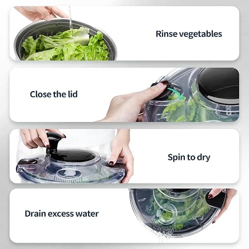SveBake Stainless Steel Salad Spinner, 4.8 Qt Vegetable Washer, BPA-Free Lettuce Dryer with Crank Design, Dishwasher Safe, Non-Slip Base - Transparent Lid thumbnail 6