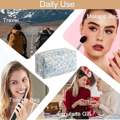 HHQQWZ Makeup Bag Travel Cosmetic Bag for Women Girls, Zipper Make Up Pouch, Floral Flowers Toiletry Organizer Makeup, Portable Storage Cosmetic Travel Cloth Bag (Blue Floral) thumbnail 6