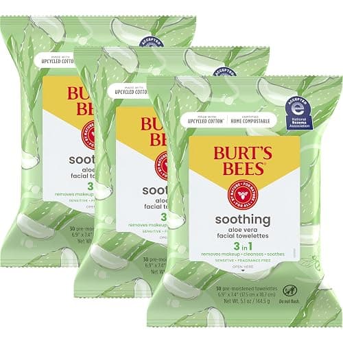 Burt's Bees Aloe Vera Face Wipes, for Sensitive Skin, Soothing Makeup Remover & Facial Cleansing Towelettes, 30 Ct. (3-Pack) - Image 1