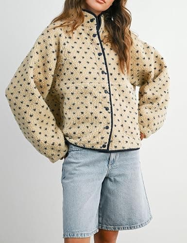 Meyhad Women's Fleece Jacket Button Down Lapel Collar Sherpa Jackets Long Sleeve Contrast Quilted Outerwear thumbnail 3