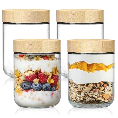 NETANY 4-pack 16oz Glass jars with Airtight Lids, Overnight Oats Containers with Bamboo Lids, Wide mouth Mason Salad jars, Glass Food Storage Containers for Snacks Yogurt Spice Sugar - Image 1