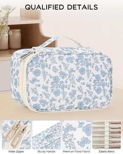Relavel Travel Makeup Bag, Small Floral Cosmetic Bag with Makeup Brush Compartment, Portable Makeup Pouch for Women, Double Layer Makeup Organizer Bag Cute Toiletry Bag thumbnail 4