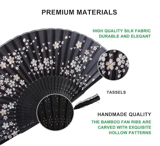 Amajiji 8.27"(21cm) Hand Held Bamboo Silk Folding Fan Hand Fan,Chinese/Japanese Charming Elegant Vintage Retro Style,Women Ladys Girls Best Gifts (Black Little Sakura) thumbnail 5