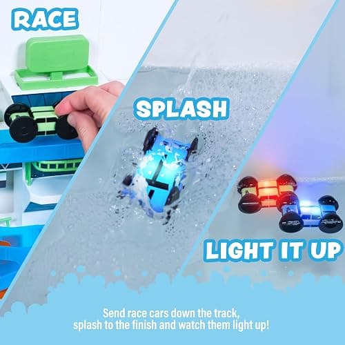 Tub Works® Splash Wheels™ Bathtime Raceway Car Ramp Toddler Bath Toy | Race Car Track with 2 Water-Activated Light-Up Racers | Light Up Bath Toys Flash & Change Colors | Engaging Bathtub Toys for Kids thumbnail 5