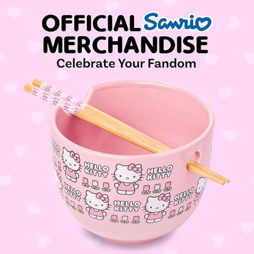 Silver Buffalo Sanrio Hello Kitty Flowers Pattern Ceramic Ramen Noodle Rice Bowl with Chopsticks, Microwave Safe, 20 Ounces thumbnail 6