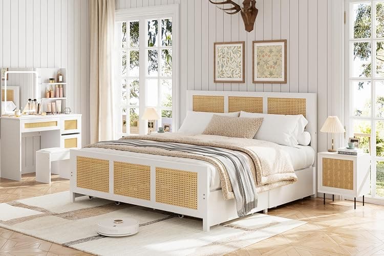 Garvee Rattan Full Bed Frame with LED Headboard (7 Colors), Boho Cane Platform Bed with 4 Large Drawers, Strong Metal Slats Support, Noise Free, No Box Spring Needed, Easy Assembly, White thumbnail 8