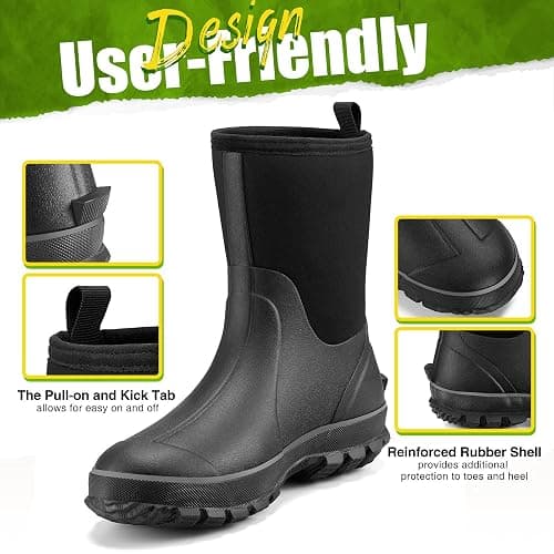 TIDEWE Rubber Boots for Men, 5.5mm Neoprene Insulated Rain Boots with Steel Shank, Waterproof Mid Calf Hunting Boots, Sturdy Rubber Work Boots for Farming Gardening Fishing thumbnail 7