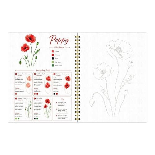 Drawmend Watercolor Paint Set & Workbook for Beginners, 50 Colors, 4 Brushes, 12 Step-by-Step Projects, 300 GSM Paper, 11 x 8.3 in Lay-Flat Book for Adults,Creative Art Gift (Flowers, with Palette) thumbnail 8
