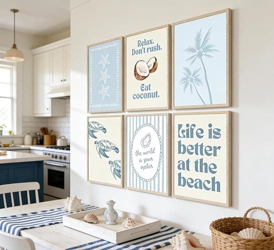6Pcs Coastal Beach Poster Wall Art,Blue Preppy Beach Painting Picture Wall Decor,Sea Turtle Starfish Palm Tree Canvas Print Artwork for Bathroom,Bedroom,Living Room,Beach House Home Decor Unframed thumbnail 8
