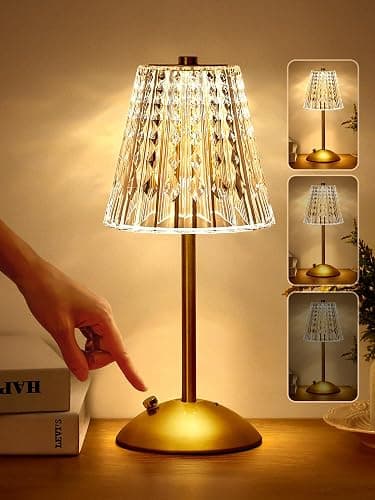 Valentines Gifts, Cordless Lamp, Crystal+Dimmable+3 Colors Rechargeable Lamp, Touch+2000mAh Battery Operated Vintage Ambient Light for Kitchen/Bedroom/Bathroom Shower, College Gifts for Teenage Girls - Image 1