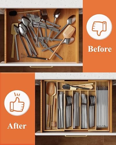 Kitsure Large Bamboo Silverware Organizer - Expandable Drawer Organizer for Utensil, Cutlery and Flatware, Kitchen Storage Solution with 6 to 8 Slots, Natural, 19.4" × 13.1" × 1.8" thumbnail 7