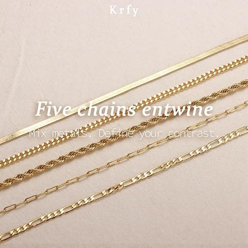 Krfy 5/6Pcs Gold Plated Bracelets for Women Trendy, S925 Plated Silver Bracelet Stack, Non Tarnish Waterproof Bracelets for Women, Paperclip Herringbone Figaro Cuban Twist Chains, Size 6.5''+2'' thumbnail 5