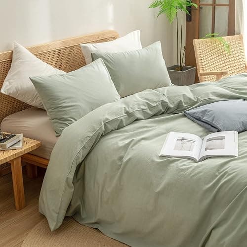 BESTOUCH Duvet Cover Set 100% Washed Cotton Linen Feel Super Soft Comfortable Chic Lightweight 3 PCs Home Bedding Set Sage Green Queen thumbnail 2