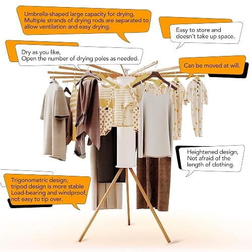 LIENAHU Clothes Drying Rack Tripod,Drying Rack Clothing,Laundry Drying Rack,Floor Standing,16 Wooden Poles,Collapsible Drying Racks for Laundry,Retractable,Foldable,Folding thumbnail 6