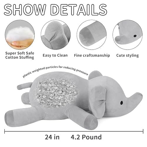 WeBingo 4.2 lbs Elephant Weighted Stuffed Animals, 24" Weighted Elephant Plush Toy Weighted Plush Animal Throws Pillows Gifts for Kids & Adults(Gray) thumbnail 3