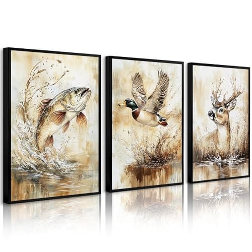 Vintage Animal Wall Art Baby Boy Room Canvas Wall Decor Farmhouse Animal Posters Kids Nursery Hunting Art Prints Rustic Deer Fish Pictures Mallard Duck Painting for Bedroom 12x16 Inch Unframed 3pcs - Image 1
