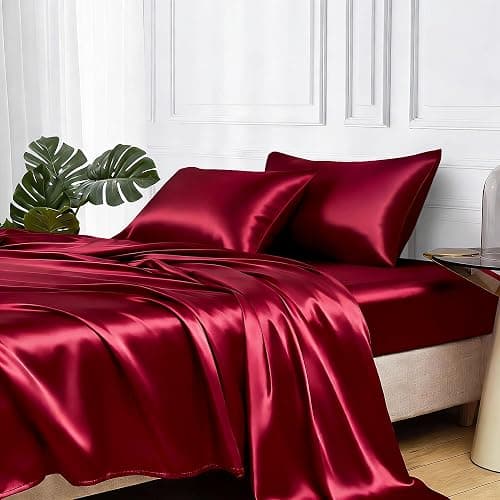 MR&HM Satin Bed Sheets, Twin XL Size Sheets Set, 3 Pcs Silky Bedding Set with 15 Inches Deep Pocket for Mattress (Twin XL, Burgundy) - Image 1