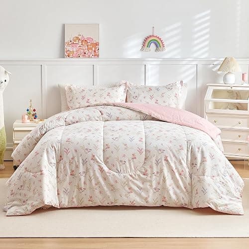 Joyreap 3pcs Cotton Comforter Set for Girls, Pink Floral Design, Twin Size Soft n Cozy Bedding Comforter Set for All Season- 68x88 inches thumbnail 3