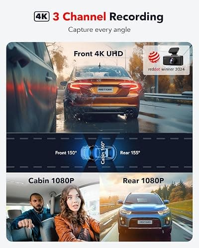 REDTIGER F17 4K 3 Channel Dash Cam, 5GHz WiFi Built-in GPS with 64GB Card, 2160P+1080P+1080P Front and Rear Inside, Triple Car Camera with 3 Inch Screen, IR Night Vision, G Sensor, WDR, Parking Mode thumbnail 2