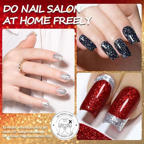 4PCS Glitzer Nagellack Set - Ungiftiger Nagellack Auf Wasserbasis für Mädchen, Shimmer Schnelltrocknender Nail Polish für DIY Nageldesign Maniküre zu Haus, Roter Gold Silber Glitzer (Schwarz) thumbnail 4