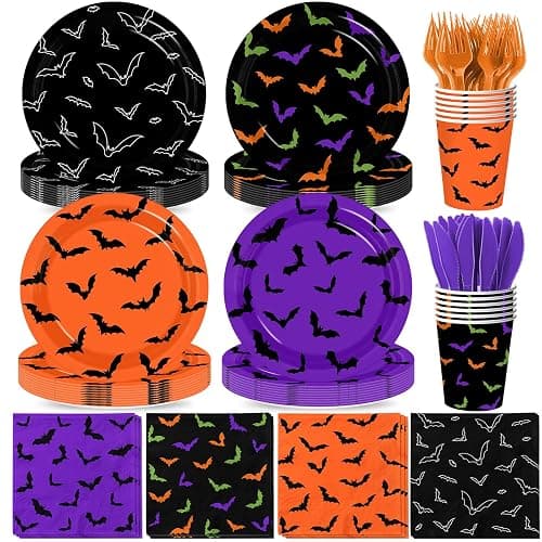 Halloween Plates and Cups Napkins, Spooky Halloween Black Bat Tableware | 144Pcs Halloween Party Plates and Napkins, Halloween Decorations Bat Tableware Set for Birthday Holiday Decor Party Supplies - Image 1