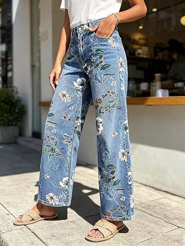 yoeasy Women's Straight Leg Jeans High Rise Vintage Floral Printed Wide Leg Trendy Stretchy Baggy Casual Denim Pants thumbnail 4
