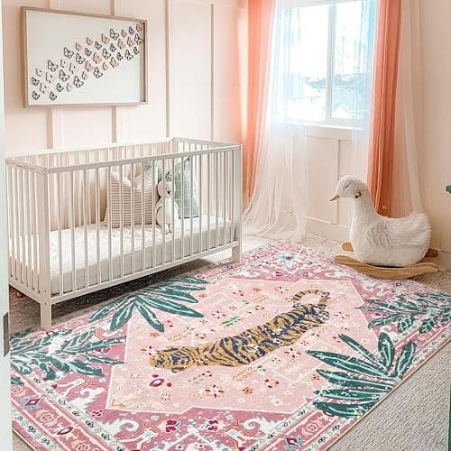 Aldopein Washable Pink Rugs Boho Vintage Tropical Jungle 5x7 Area Rugs Jungle Oriental Carpet for Bedroom Kitchen Dining Living Room Office Distressed Indoor Cute Nursery Rug thumbnail 2