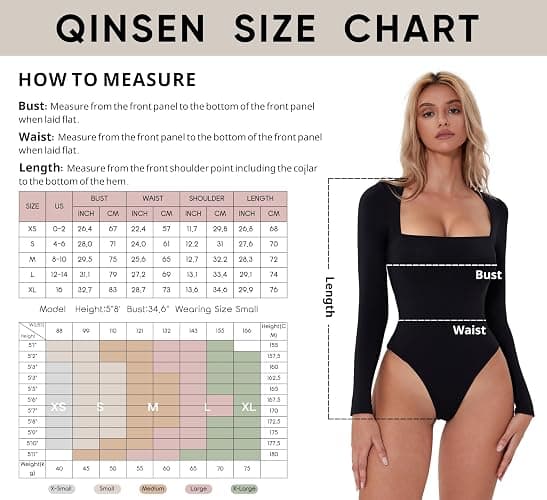 QINSEN Women's Sexy Square Neck Bodysuit Long Sleeve Double Lined Shirt Tops thumbnail 5