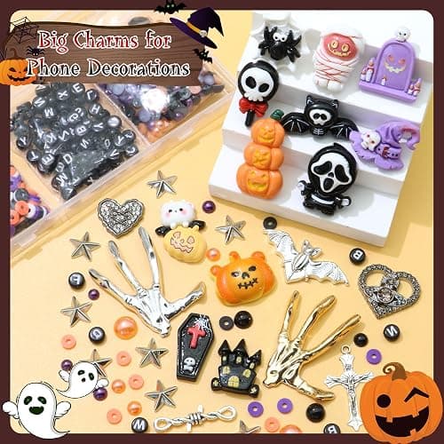 BELICEY Halloween Junk Case Charms Resin Pumpkin Skeleton Hand Charm for Phone Cases Bat Cross Spider Junk Charms Kit 3D Ghost Flatback Pearls Letter Beads Customizing DIY Craft thumbnail 6