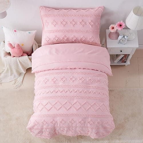 Pink Toddler Bedding Set for Girls 4-Piece Boho Tufted Toddler Comforter Set Jacquard Tufts Bed-in-a-Bag Crib Toddler Bed Sheet Set for Kids with Comforter, Flat Sheet, Fitted Sheet, Pillowcase | Toddler Bedding Set, Toddler Comforter, Toddler Sheets Set, Crib Bedding Set, Toddler Bed Set, Toddler Girl Bed Set thumbnail 9