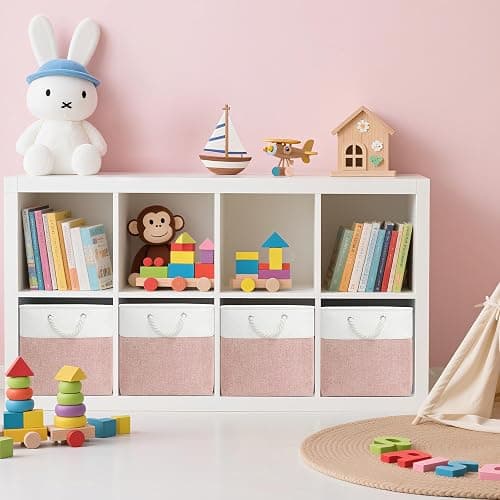 ECDYQXVU 13x13 Inch Cube Storage Bins with Reinforced Bottom Cardboard, 6 Pack Large Foldable Fabric Storage Cubes with Handles for Shelf, Closet, Laundry Organization (White&Pink) thumbnail 2