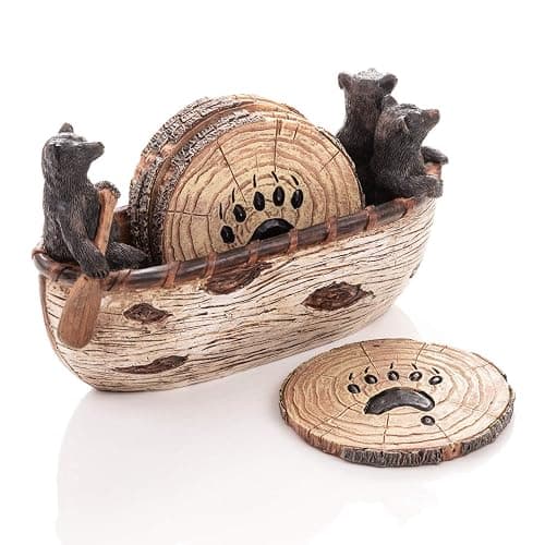 Cabin Obsession Bear Coasters - Set of 6 Full Size Rustic Coasters in Handmade Canoe with Adorable Black Bear Figurines - Log Cabin Decorations, Rustic Lodge Decor for The Home thumbnail 9